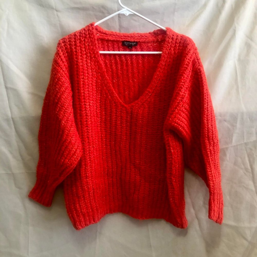 Topshop Red Orange V-Neck Sweater with Balloon Sleeves US2 XS S